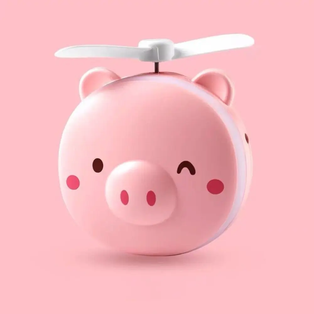 Handheld Cartoon Makeup Mirror with Fan Creative Cute Pink Piggy Fan LED Light USB Rechargeable Led Cosmetic Mirror Outdoor