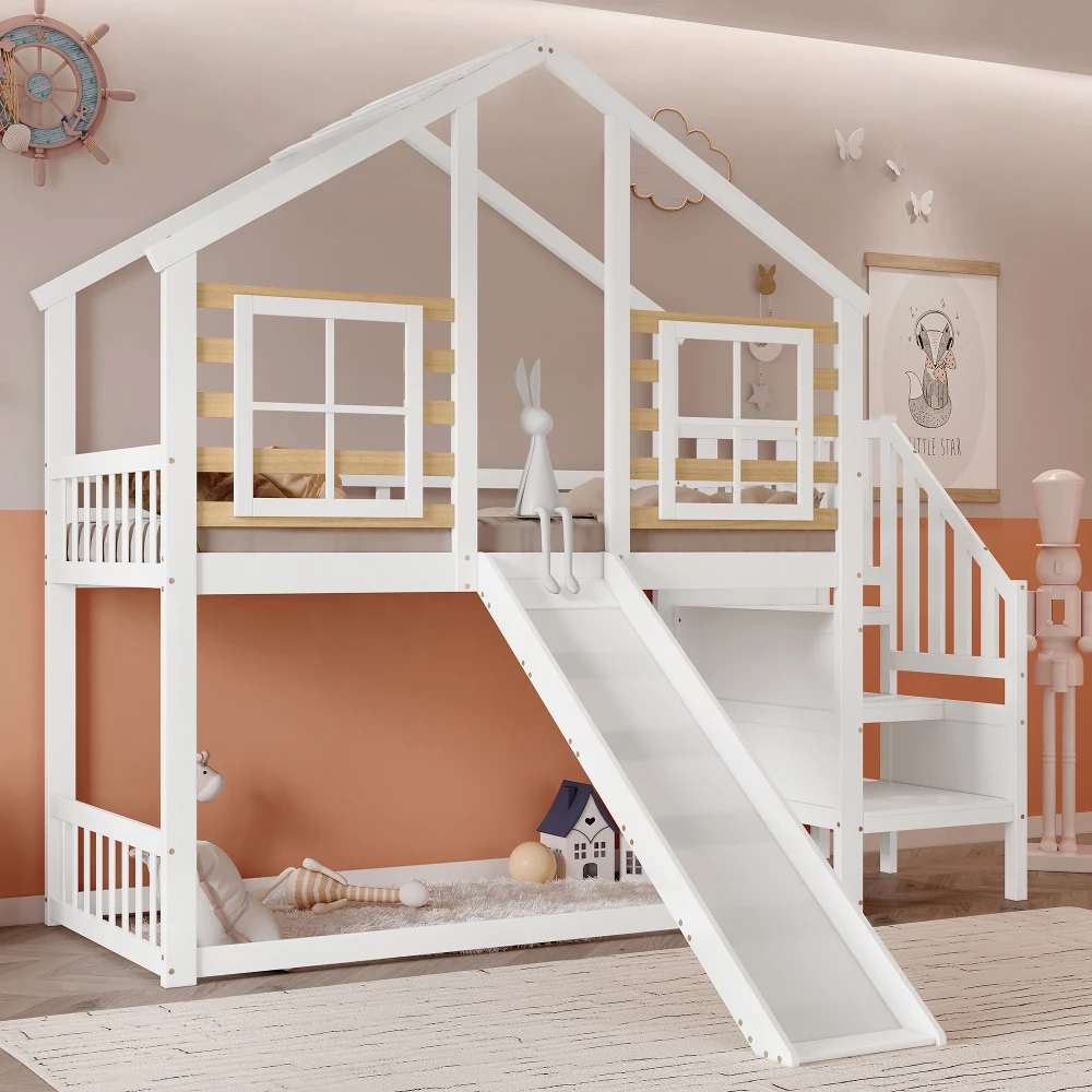 PINGGO Weißes Holz-Etagenbett 90x200cm mit Treppe, Rutsche, Fenster, Blockhaus-Design, Absturzsicherung, Massivholzrahmen, ohne Matratze – Detail 7