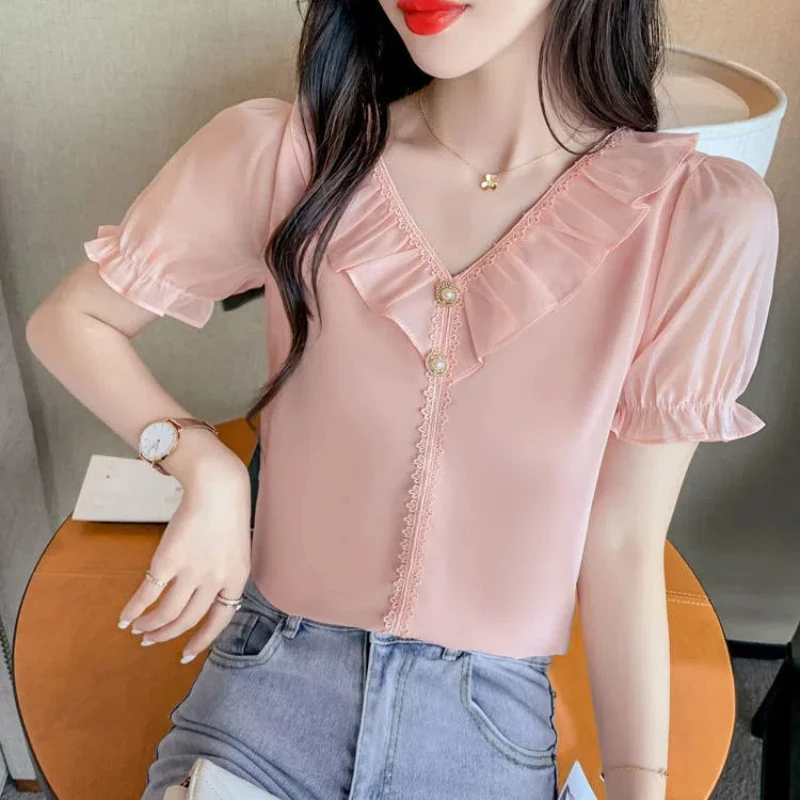 V넥 시폰 블라우스, 플리츠 솔리드 반팔, 루즈한 올 매치 얇은 셔츠, 템퍼러먼트 패션, 여성 의류, 여름 신상