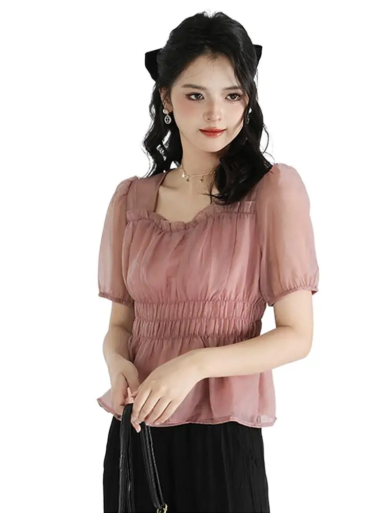

Women Chic Curved Collar Puff Sleeve Beach Shirt Summer Solid Casual pLUS Size Blouses Elegant Mujer Tops And Blouses White 5XL