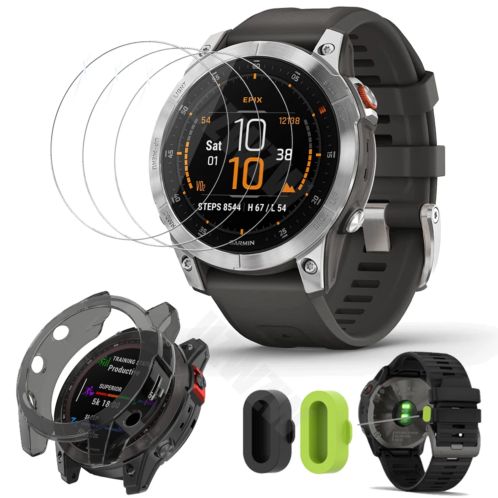 

(3+2+1) For Garmin epix 2 Smart Watch (3pcs) Screen Protector Tempered Glass & (2pcs) Dust Plug & (1pcs) Protective Case Cover