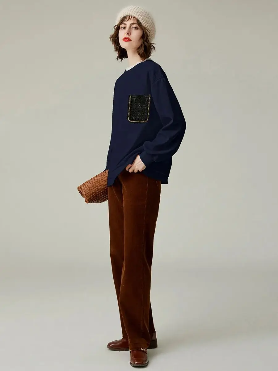 LOUIS YAO Women's Sweater 2023 Autumn Stringy Selvedge Round Neck Long Drop Sleeve Loose Fitting Pullover Women's Top