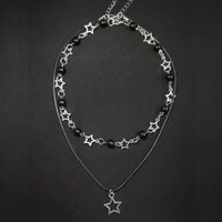  Fashion Double Layered Black Bead Star Choker Necklace Punk Pentagram Leather Rope Necklaces For Women Girls Gift - Image 3