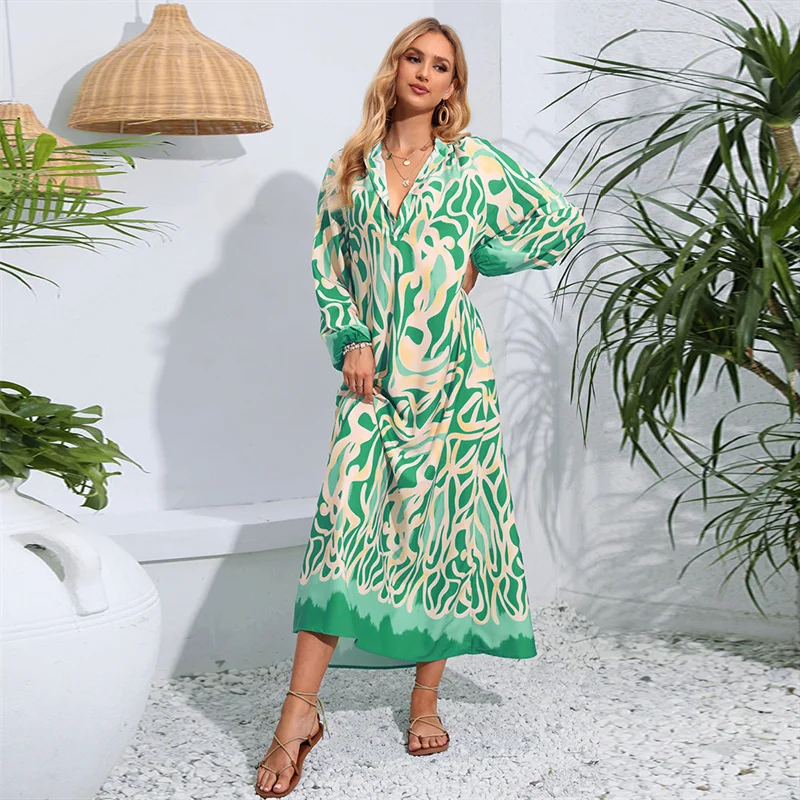 

New Oversized v-Neck Women's Dress With Printed Comfortable Large Hem Long Sleeved Dress C100