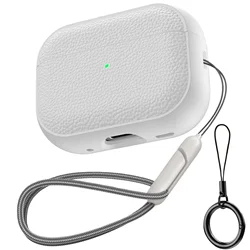 Leather - Texture TPU Protective Earphone Case with Keychain & Lanyard - AirPods Pro 2 (White)