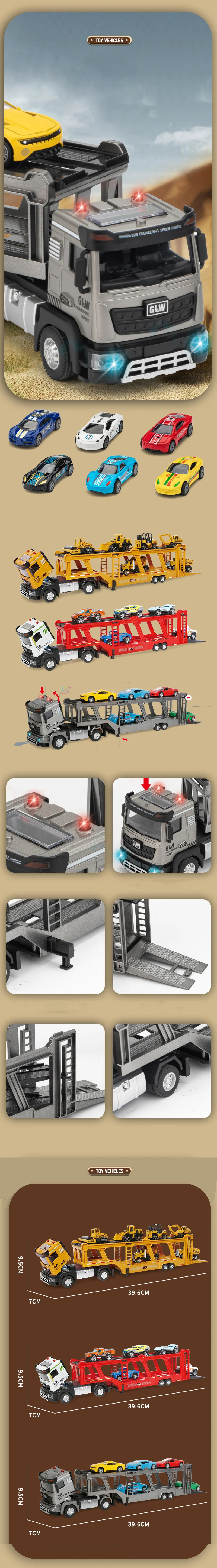 1:40 diecast double-decker car carrier truck toy with lights and sound