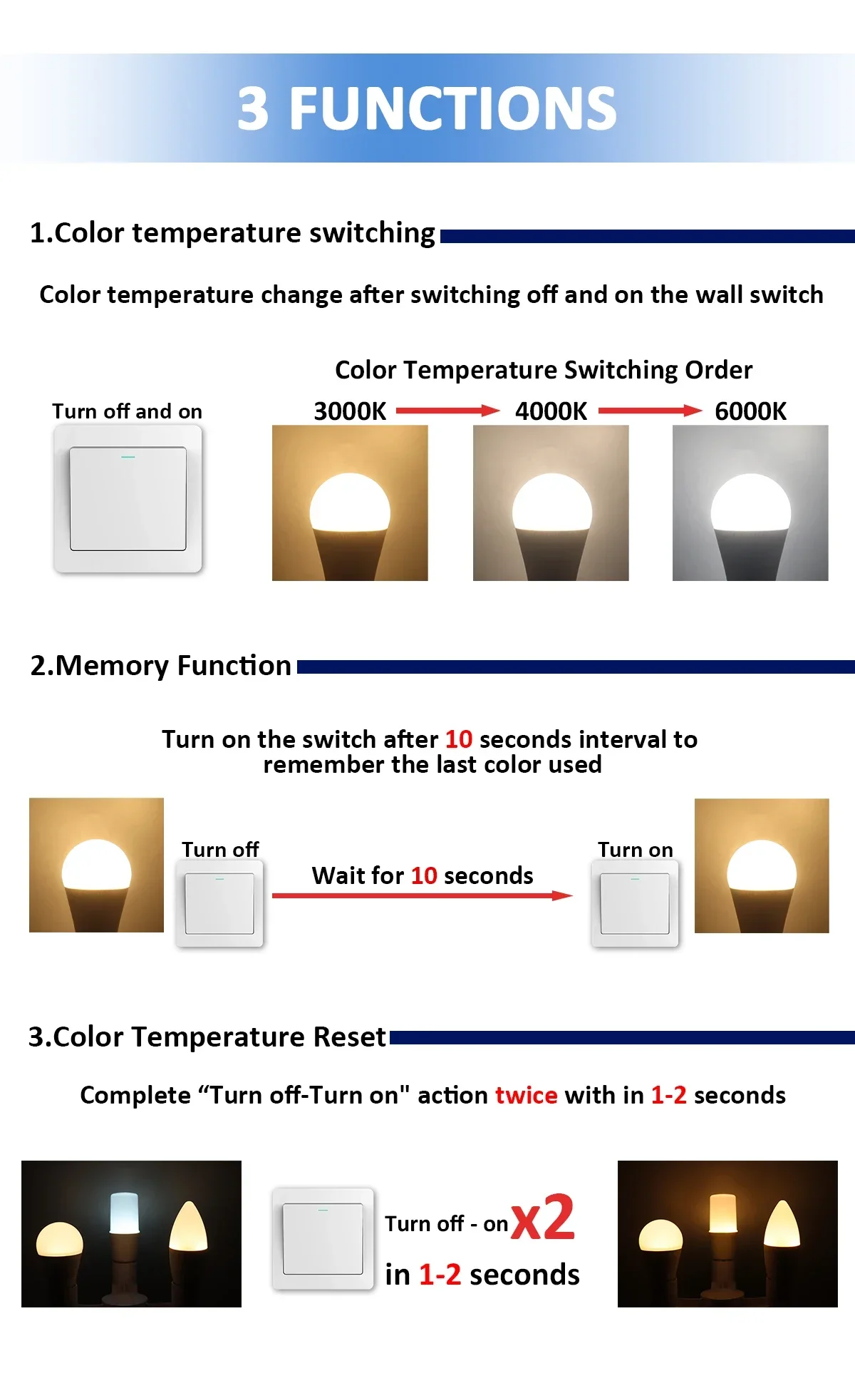Description Picture 4 of item4pcs LED Spot Light GU10 Wall switch CCT 3000K 4000K 6000K E27 B22 GU5.3 Base light Bulb AC110V 220V Memory Function Color