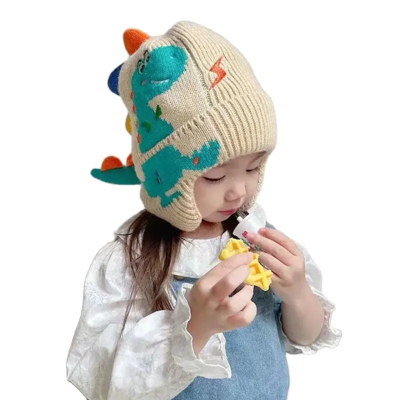 Doitbest Cute 3D Dinosaur Winter Hat For Girls Kids Beanies Cartoon Acrylic Child Knit Beanie Hats Warm Baby Boys Earflap Caps