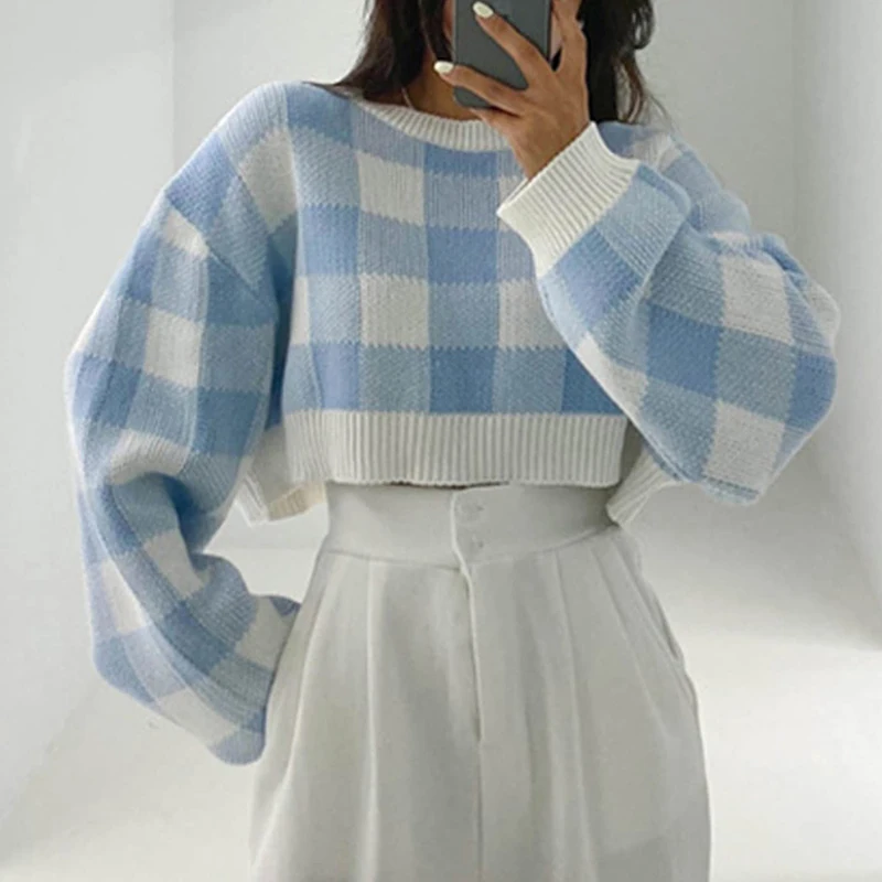 Pull à carreaux et bords asymétriques à détail voile - Gris clair