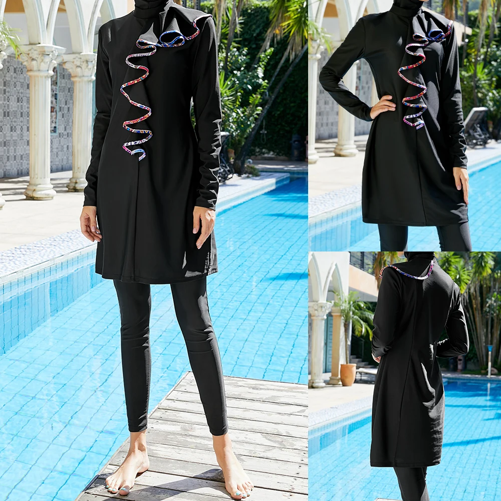 2024 Costumi Da Bagno Musulmani Donne Modest Patchwork Hijab Maniche Lunghe Costume Da Bagno Sportivo 3 Pezzi Islamico Burkini Wear Costume Da Bagno D