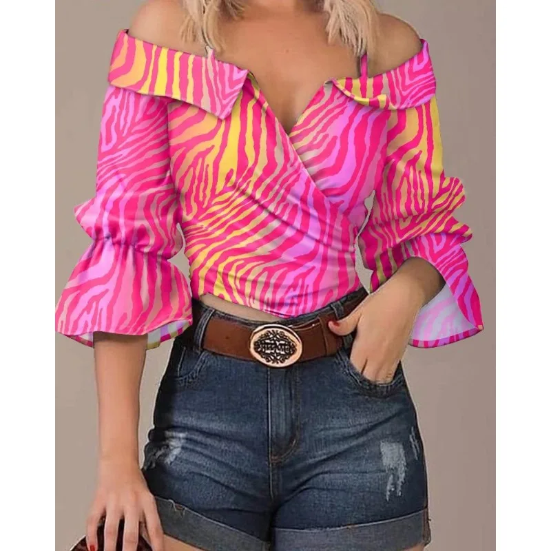 Women's Printed Off Shoulder Strap Lapel Top, Casual Clothing, Elegant T-shirt, Female Fashion New Woman T-Shirt