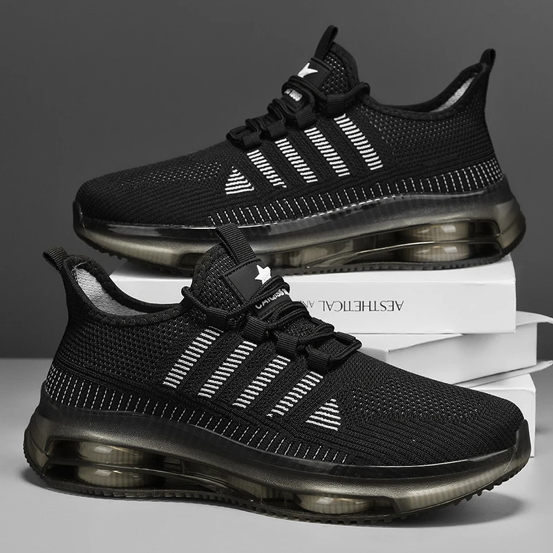 Men's Breathable Knitted Sports and Casual Sneakers - Lightweight Running Shoes with Pvc Cushioning, Lace Closure and Texture Grip, Bring All Day Plaid, Daily Sports Shoes | Fashionable Crossover Shoes | Comfortable Fit