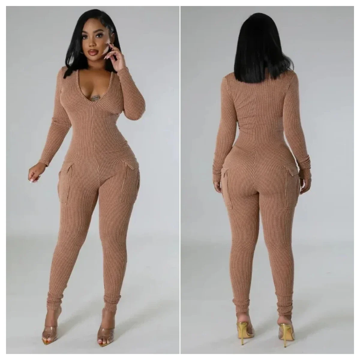 Pockets Ribbed Cargo Jumpsuit Women Solid Autumn Winter V Neck Long Sleeve High Stretch Slim Fitness Overalls Casual Rompers