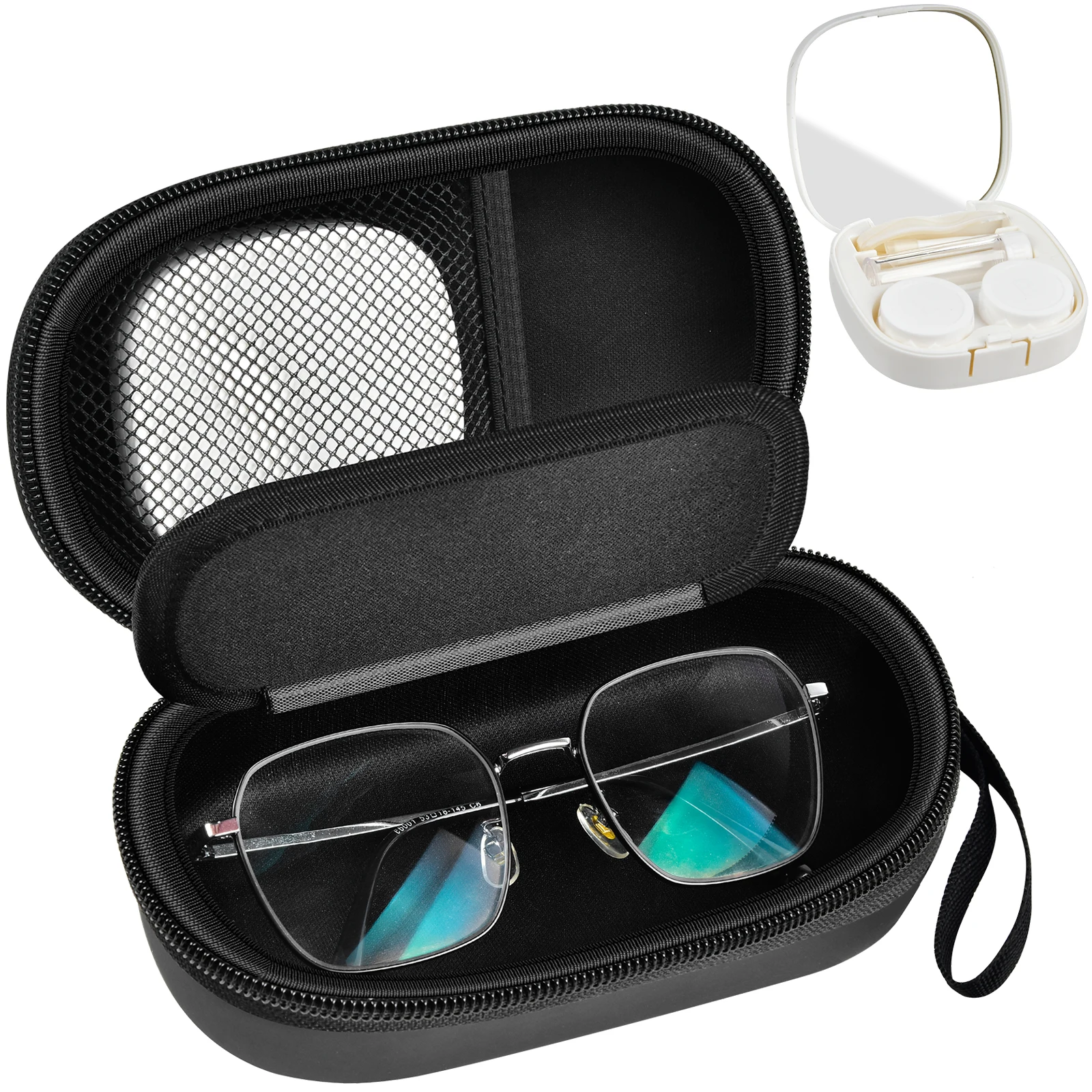Portable 2 in 1 Contact Lens Case and Glasses Case, Traveling Contact Cases Bag Box Holder with Soak Storage Kit Included Built-