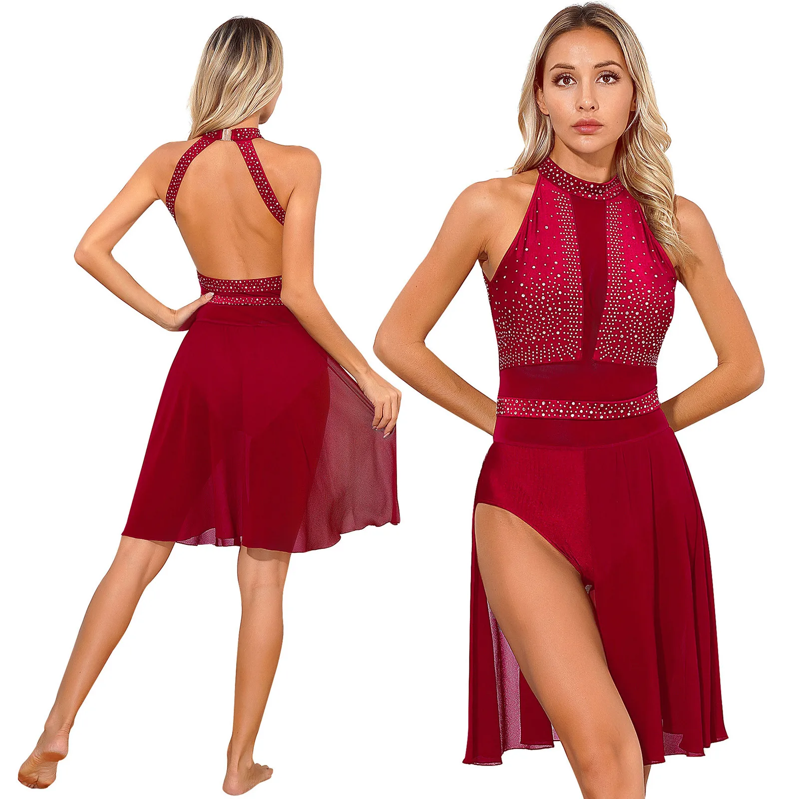 thumbnail image 1 of Vestido de ballet para mujer, danza lírica, gimnasia, patinaje artístico contemporáneo moderno, vestido con brillantes diamantes de imitación, transparente, espalda descubierta, ropa de baile, 1 of 5