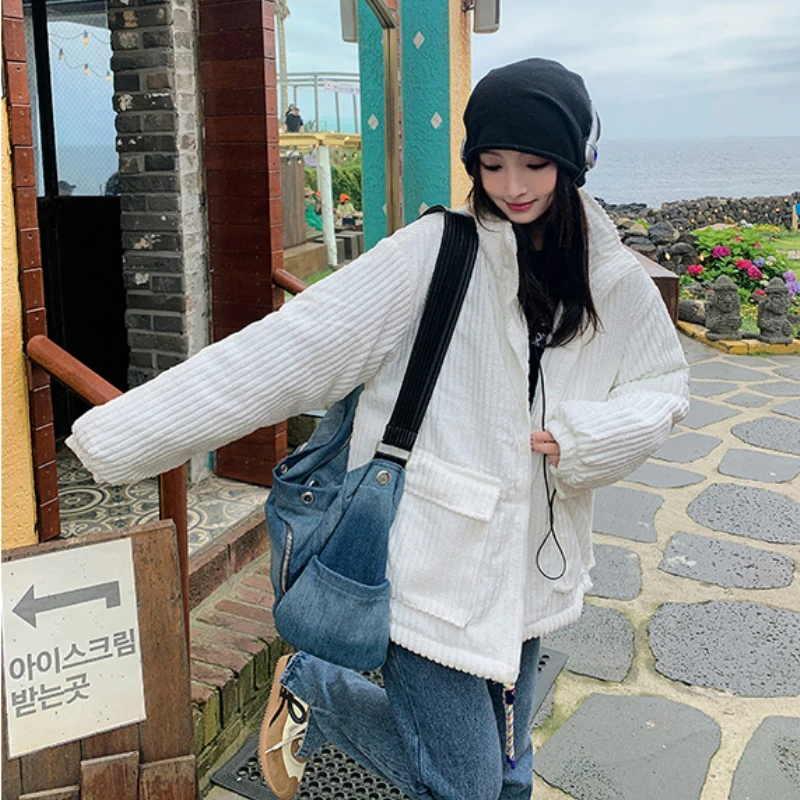 Corduroy Down Cotton Jacket Women Winter New Students Korean Loose Cotton Padded Jacket Short Coats Pocket Winter Clothes