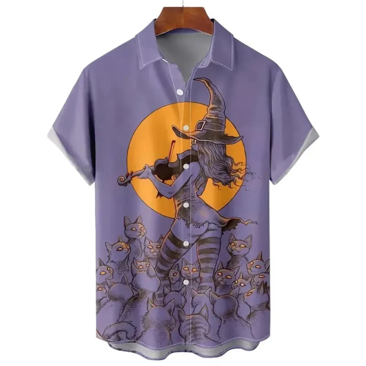 Men's Shirts Elegant Witch Print Hawaiian Lapel Men's Casual Tops Fashion Plus Size Men's Short Sleeve Shirts 2024 New Style