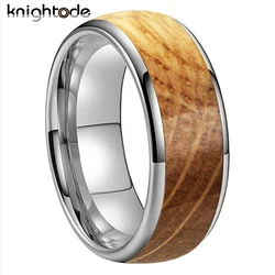 8mm Whisky Oak Wood Inlay Tungsten Carbide Wedding Bands for Men Women Engagement Rings Domed Polished Comfort Fit