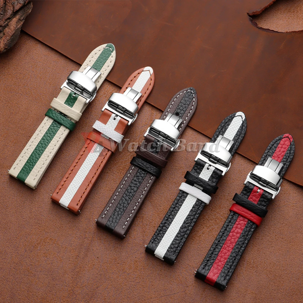 Colorful Calfskin Leather Watch Strap with Butterfly Buckle