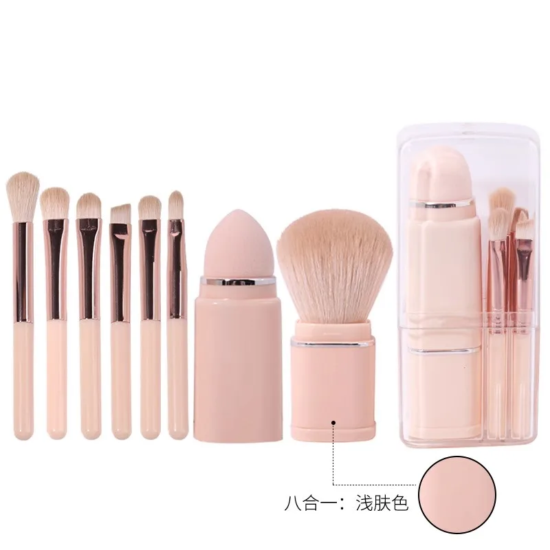 8-in-1 Mini Portable Makeup Brush Set Short Handle Small Travel Tool Eye Brush Belt Storage Box