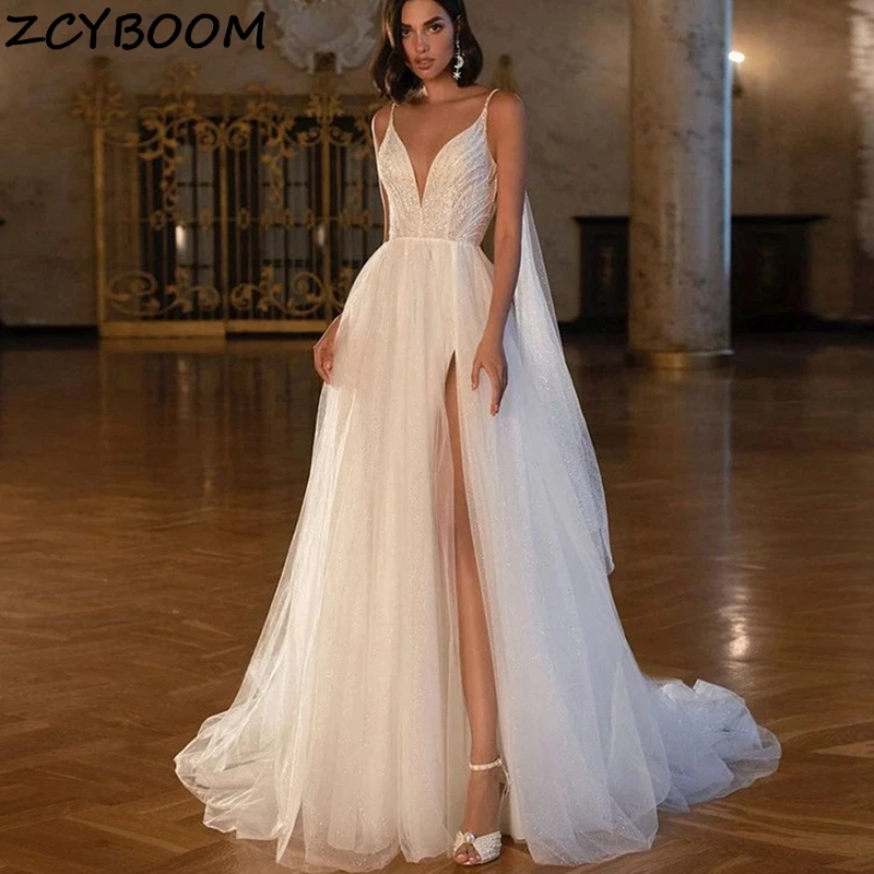 

Женское платье с открытой спиной It's yiiya, белое фатиновое платье на бретелях-спагетти с высоким разрезом и V-образным вырезом на лето 2024