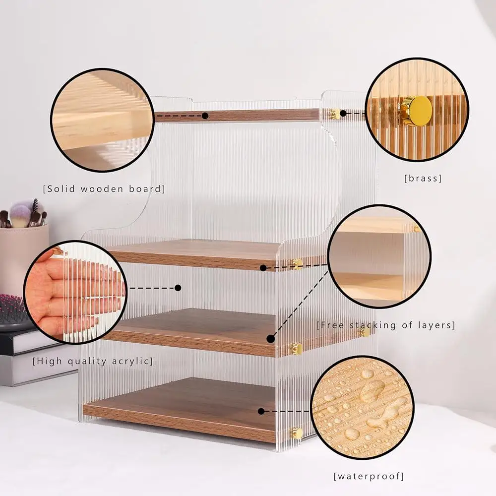 Makeup Organizer Acrylic Wood Vanity Storage Detachable Multifunctional Countertop Cosmetic Holder Space Saving Durable Easy 3