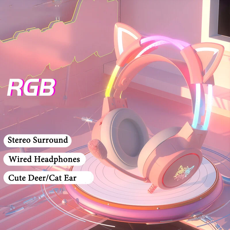 

Kawaii Wired Gaming Headphones With Mic Cute Deer/Cat Ear Gamer Headset LED Light RGB Stereo Earphones For PC Computer Girl Boy