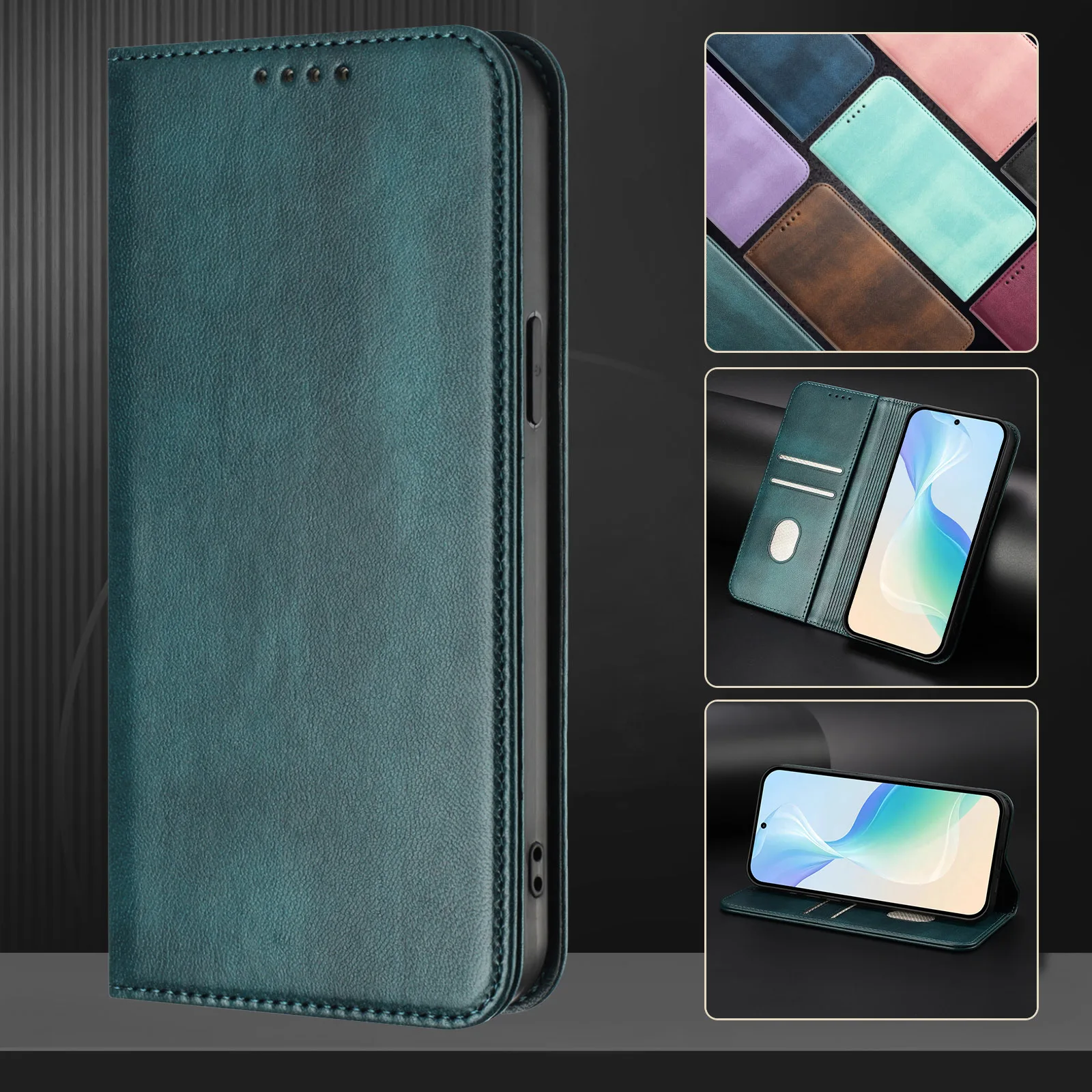 Modern Color Leather Book Case with Magnetic Holder and Card Slots - Anti-Scratch Wallet Cover