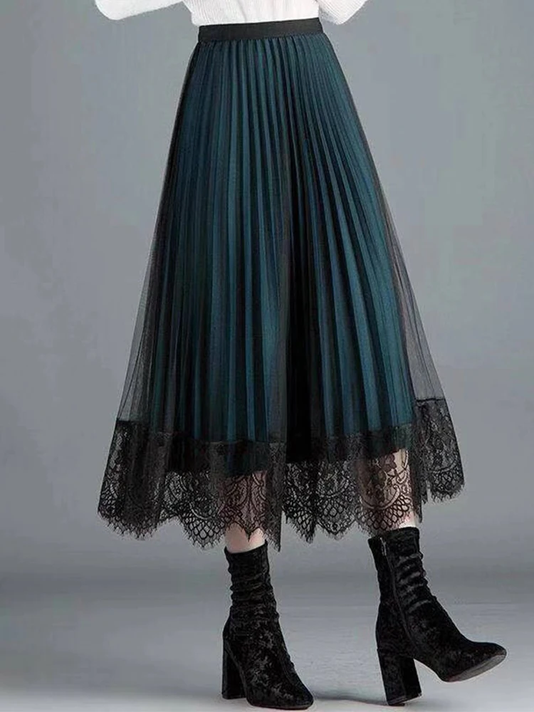 

Плиссированная юбка, женская новая кружевная юбка с высокой талией, юбка средней длины, облегающая одежда с обеих сторон
