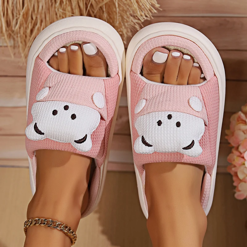 Cute Cartoon Bear Home Slippers Women 2024 Winter Comfort Soft Sole Linen Slippers Woman Non Slip Flat Heels House Shoes Slides 6