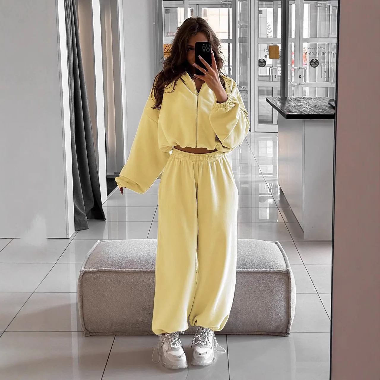 Women Solid Color Hoodie Set Long Sleeve Zip Up & Drawstring Wide Leg Jogger Pants EU US Casual Two Piece Outfit