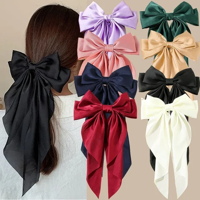 Korean Accessories Hair Clips for Women Girls Big Bowknot Solid Satin Long Ribbon Bows Spring Clamp Barette Cheveux Femme 2023 1