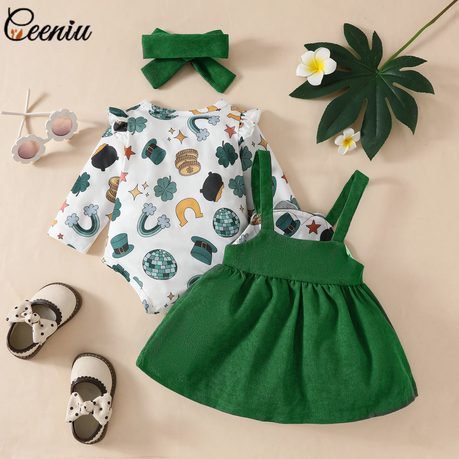 Ceeniu My First St Patricks Day Baby Costume Allover Print Romper+Green Clover Corduroy Dress For Girls Spring Baby Outfit Sets 3