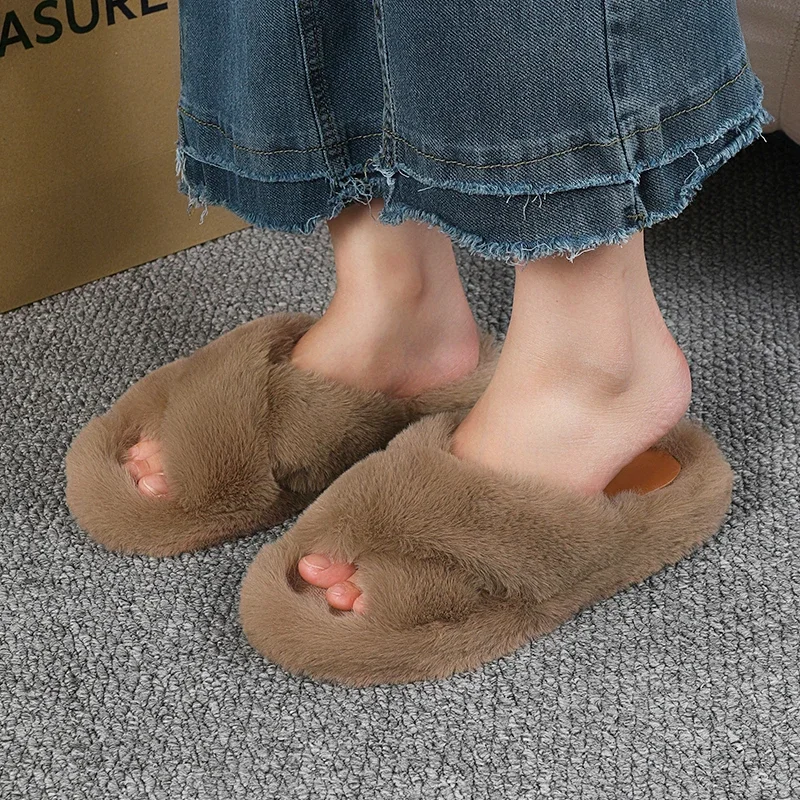 

Autumn Winter New Women's Fur Plus Velvet Flat Slippers Fashion New Open Toe Home Cotton Shoes for Women Indoor Platform Shoes