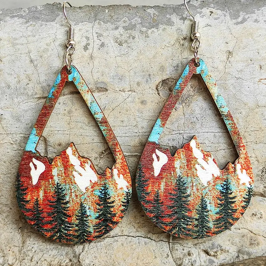 Snow Mountain and Forest Wood Teardrop Earrings for Women Vintage Cutout Wooden Earrings Fashion Jewelry Wholesale