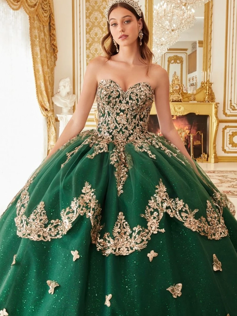 Golden Sequins Butterfly Appliques Quinceanrra Prom Dresses Green Charming Princess Long Glitter Sweet 16 Dress Vestidos