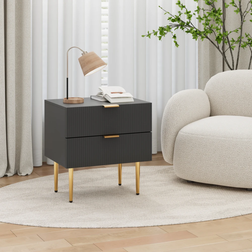 Eleganter Nachttisch mit schwarzem Wellenmuster und 2 Schubladen, Nachttisch mit Metallbeinen, 1-teiliger Schlafzimmer-Nachttisch – Detail 13