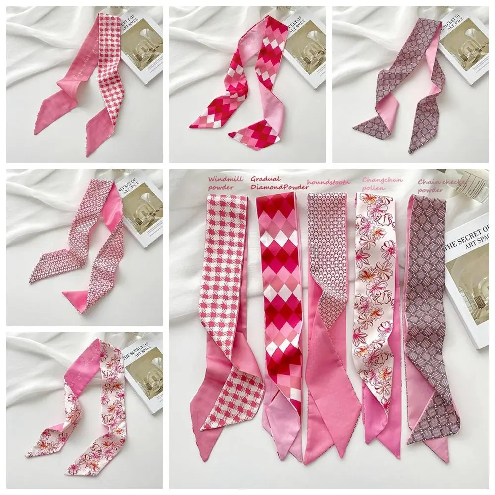 Ribbon Headband Silk Scarf Simple Pink Flower Long Scarf Hair Tie Neckerchief Scarf Hair Band Female janevini sparkly rhinestones pearls bridal wedding bouquets pink yarn flowers crystal bride flower bouquet fleurs blumenstrauß