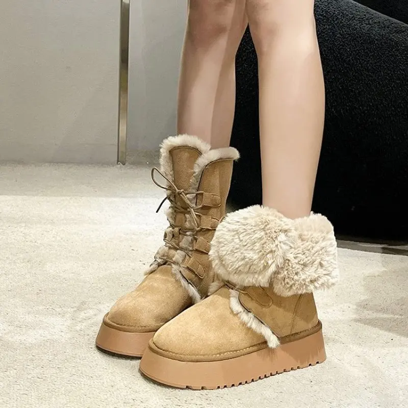 Platform Women's Boots New Winter Short Plush Warm Snow Boots High Top Lace Up Ladies Mid-calf Boots Fashion Casual Flats Shoes