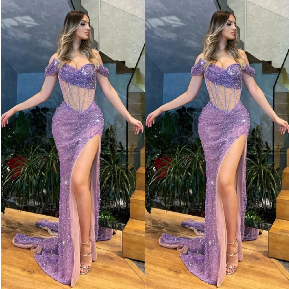 

Graceful Prom Dress Off The Shoulder Evening Dresses Floor Length Sexy High Slit Mermaid Beach Party Gown Celebrity Pageant Wear