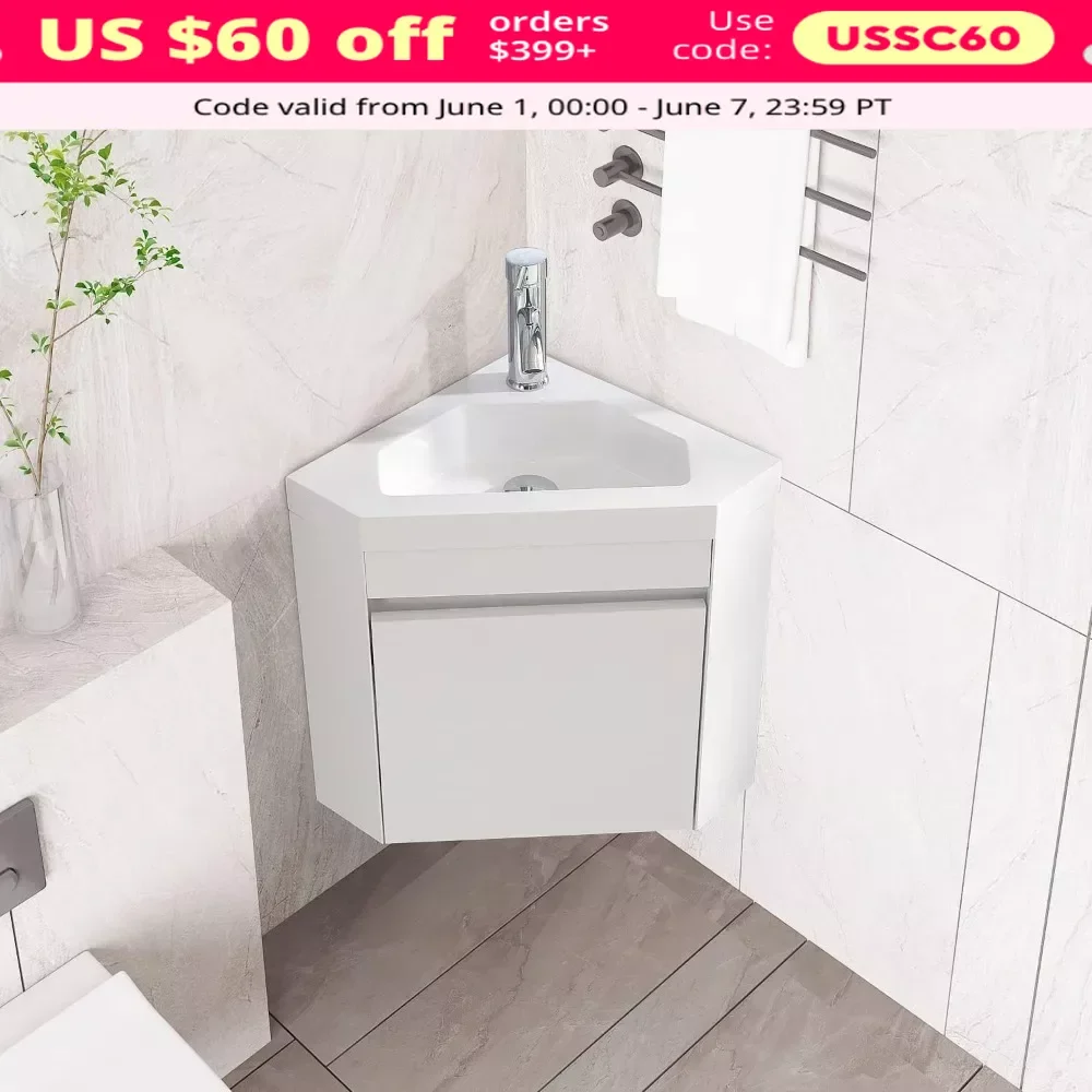 16" Corner Bathroom Vanity Sink Combo, Wall Mounted Cabinet Set, w/ Basin Sink Top Chrome Faucet and Drain, Bathroom Vanity