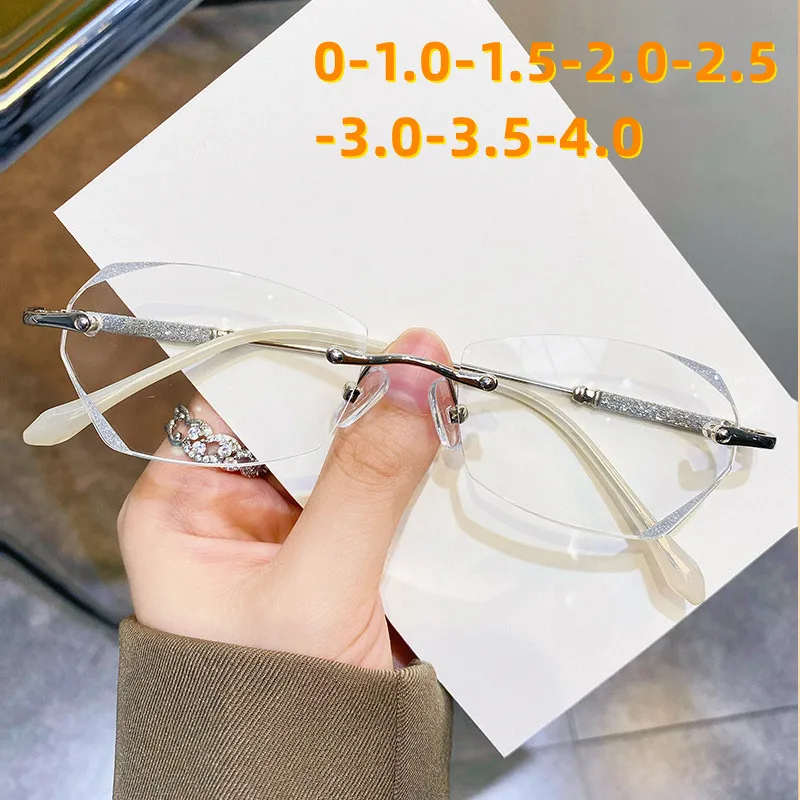

Women's Rimless Finished Myopia Glasses Unisex Fashion New Diamond Cut Eyewear Ladies Luxury Prescription Glasses 0 To -4.0