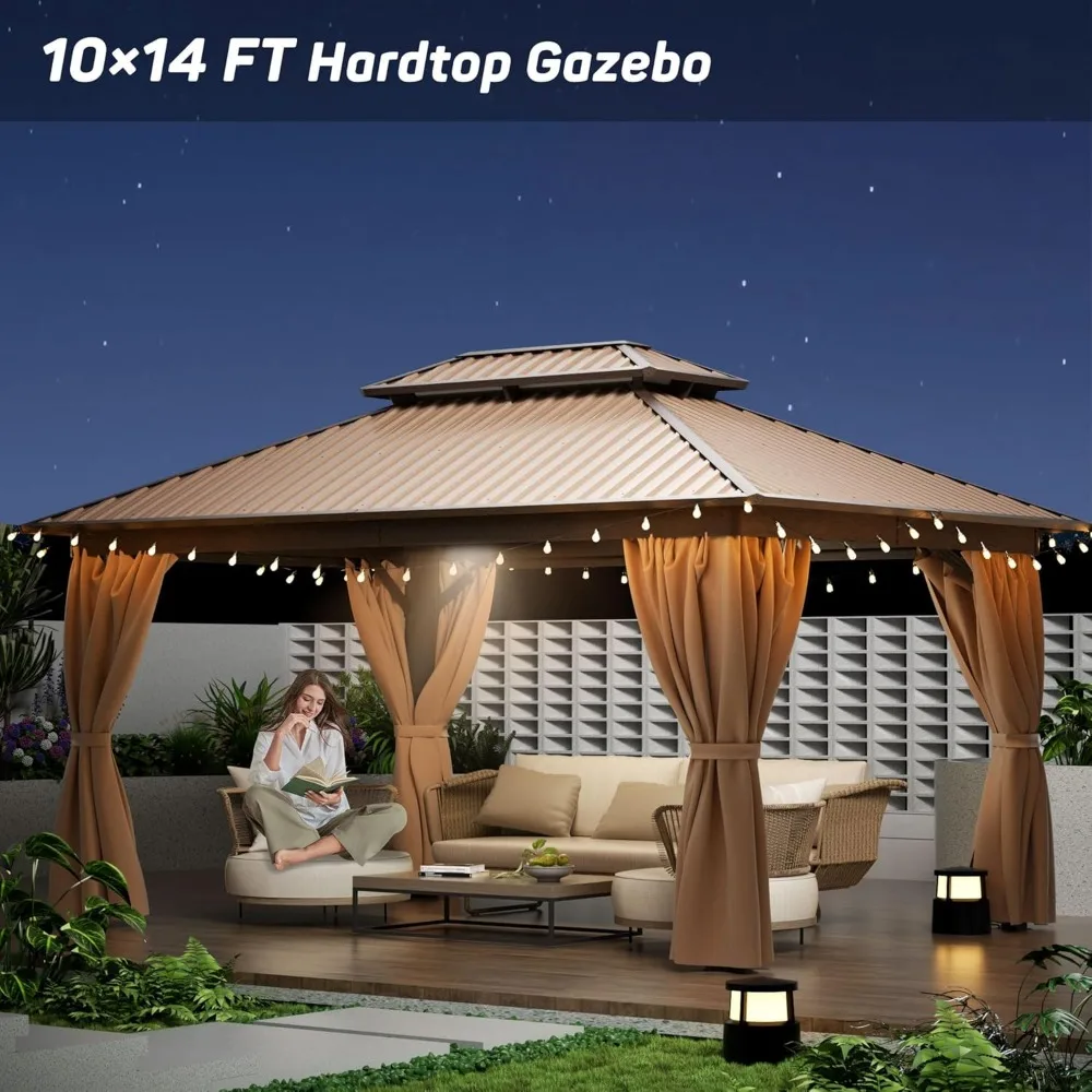 10x14 FT Hardtop Gazebo with Aluminum Frame, Galvanized Steel Double Roof Gazebo with Nettings and Curtains, Gazebos 2