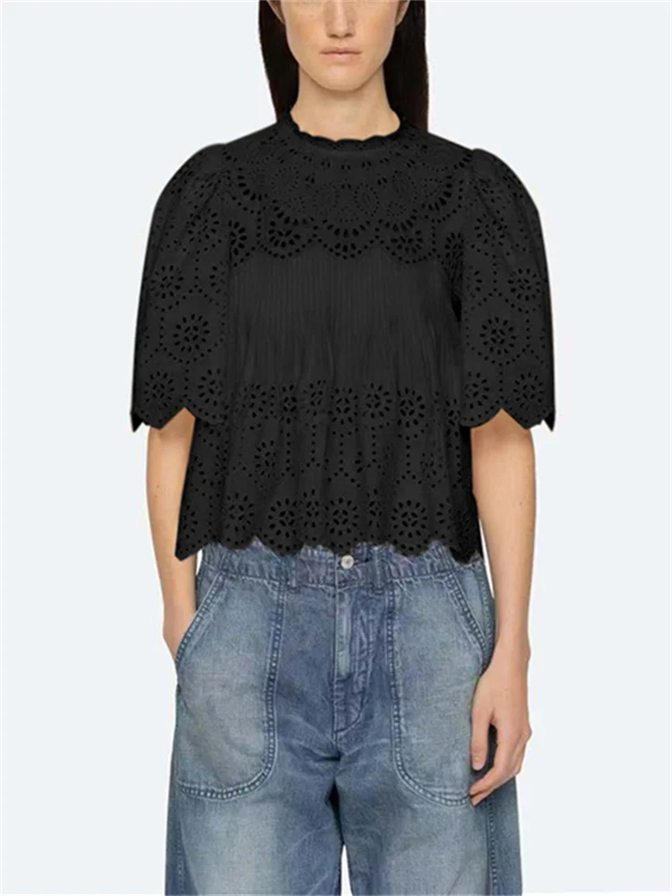 Lace Embroidery Women's Hollow Out Blouse Solid Color Stand Collar Retro Flare Sleeve Shirt Top for Lady 2025 Summer