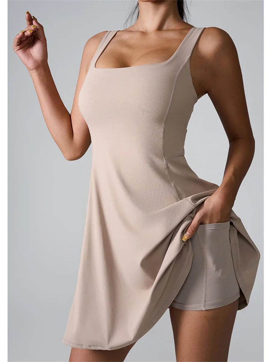 Women Tennis Dress One-Pieces Slim Fit Soft Sports Pocket Skort Yoga Suit Outdoor Sleeveless Fitness Running Pad Fitness Dresses