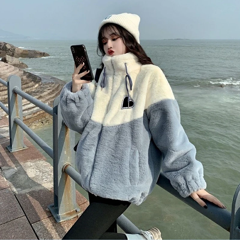 Women Autumn Winter Warm Heart Lamb Jackets 2023 New Korean Lady Sweet Patchwork Zipper Coats Imitation Fur Outerwear Pink Tops