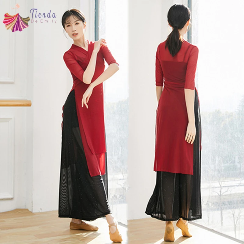 

Топ для современных танцев, Женская двухслойная блузка с разрезом спереди из прозрачной ткани, Просвечивающая блузка, топы для тренировок в народном стиле ханьфу