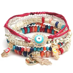 Bohemian Evil Eye & Heart Charm Beaded Bracelet Set - 6 Piece Jewelry Gift Collection (8)