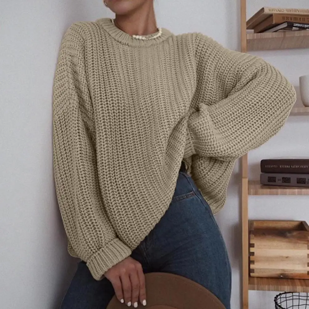 

Women Fall Winter Sweater Round Neck Long Sleeve Loose Solid Color Thick Knitted Casual Casual Soft Anti-shrink Anti-pilling Lad