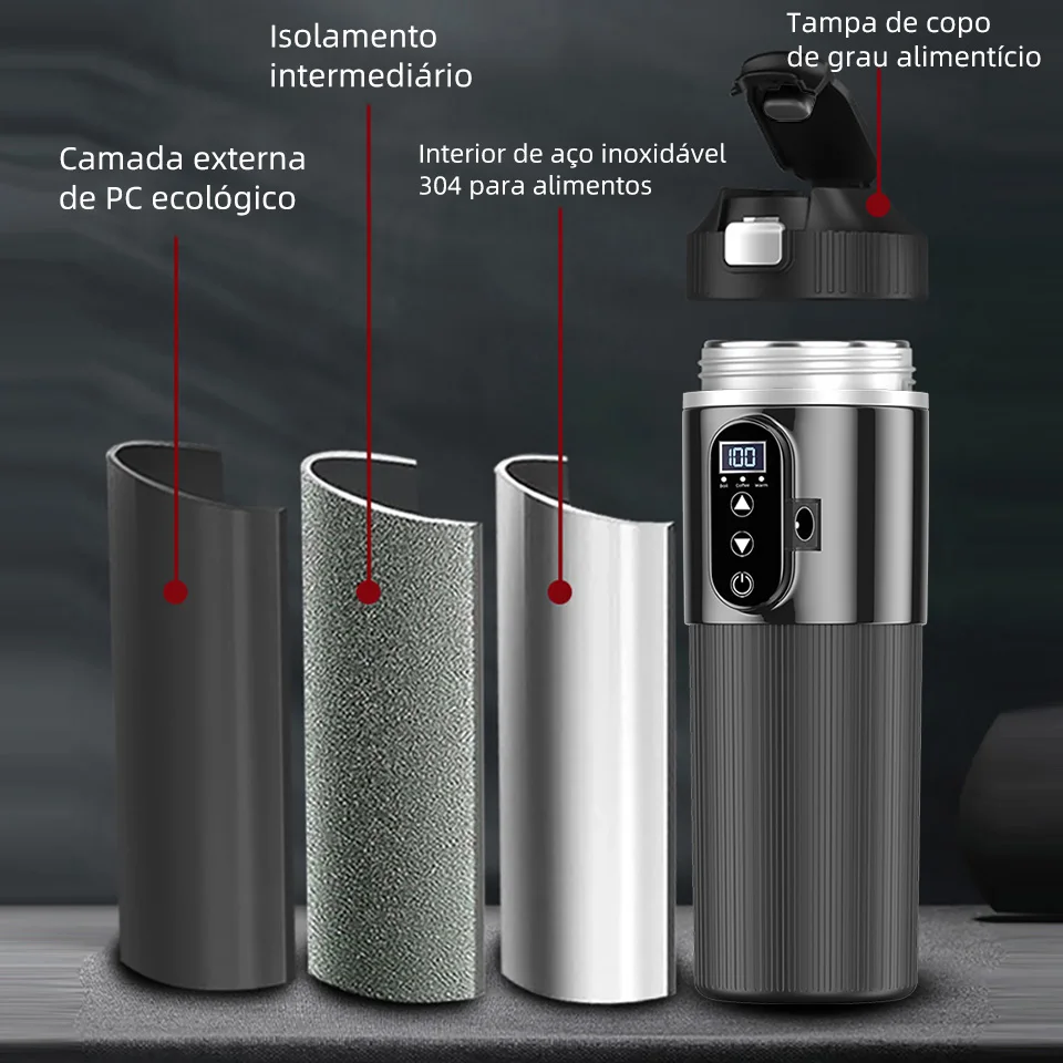 Copo de aquecimento elétrico para carro 12v/24v, 500ml, grande capacidade, lcd, copo térmico para carro, regulação inteligente de temperatura - Imagem 4